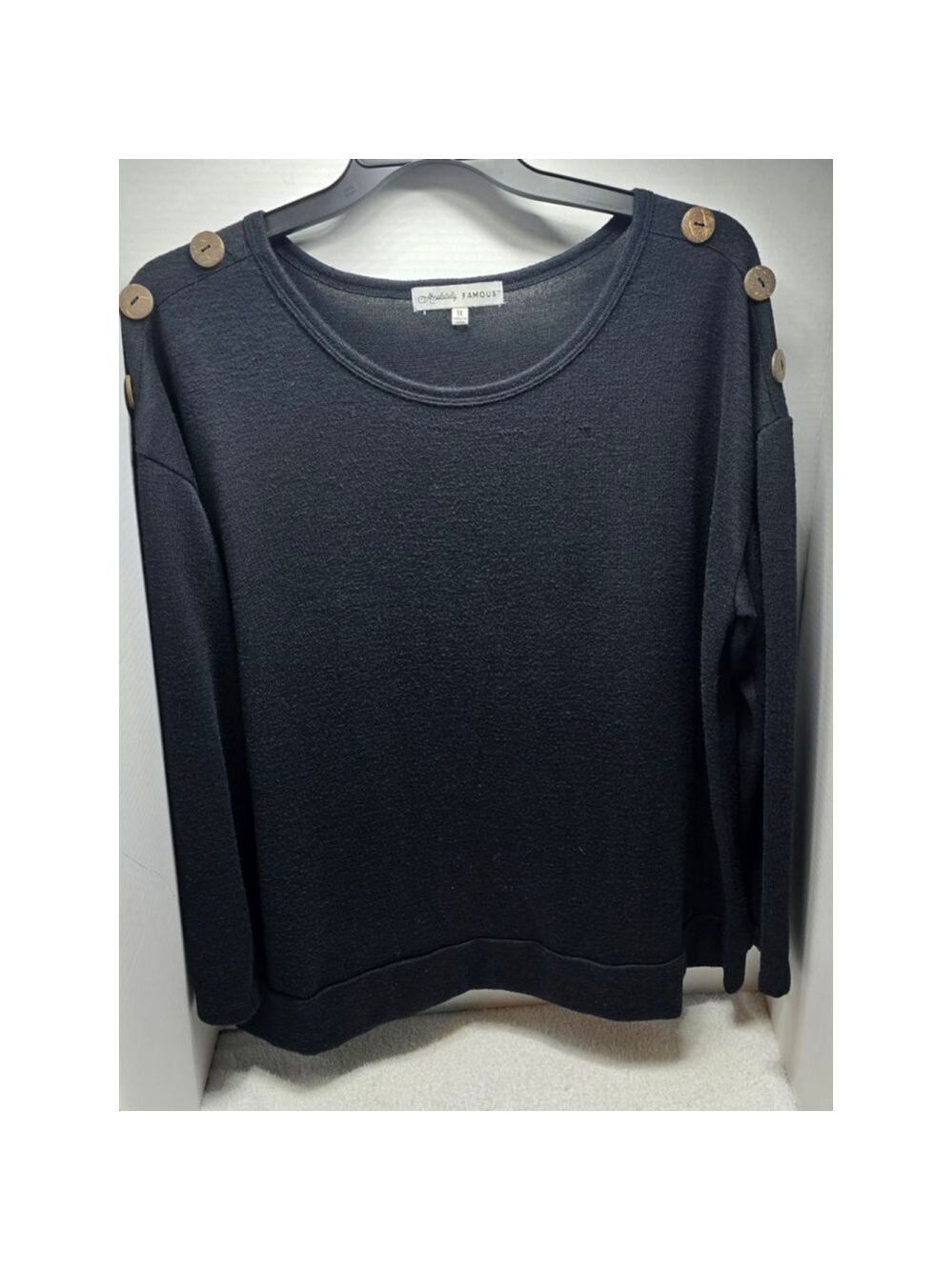 Women's Absolutely Famous Black Crew Neck Sweater with Brown Buttons 1X